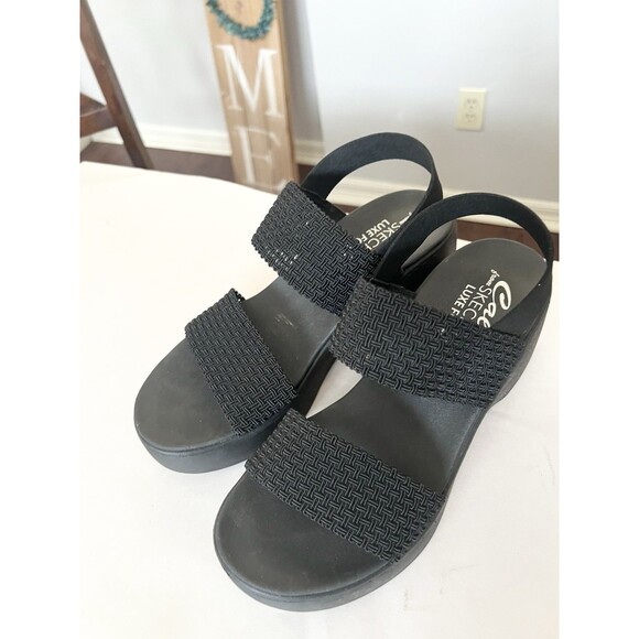 Skechers Cali Rumble On Black Women Sz 9 Luxe Foam Comfort Sandals Stretch Strap - Picture 2 of 7